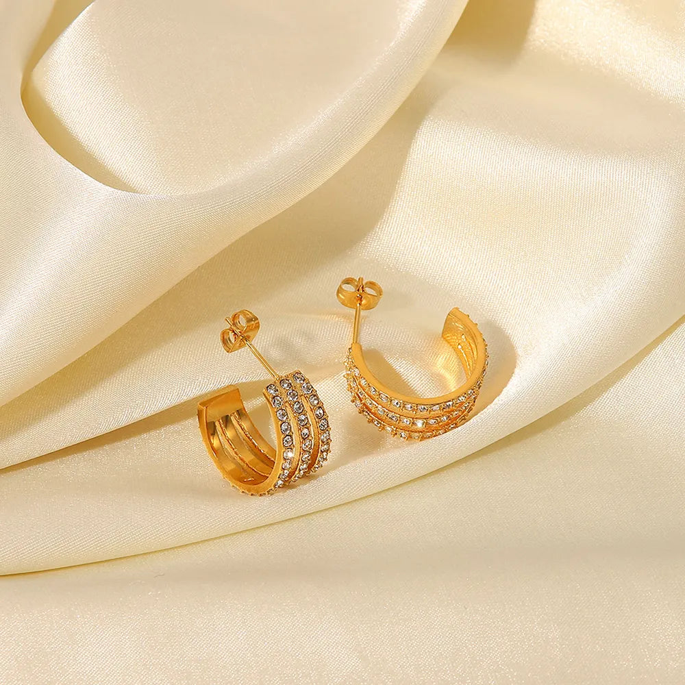 Image of Stainless Steel Inlaid Zircon C-Hoop Earrings | Queeble.shop
