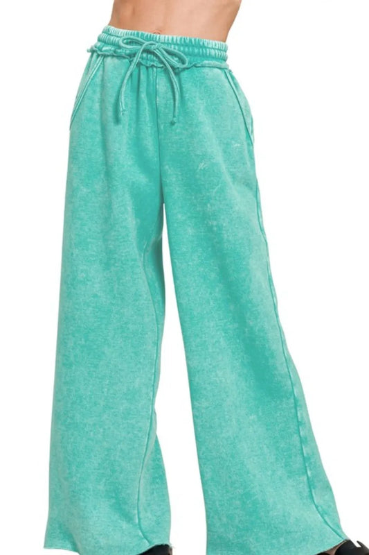 Image of Zenana Acid Wash Fleece Palazzo Sweatpants with Pockets | Queeble.shop