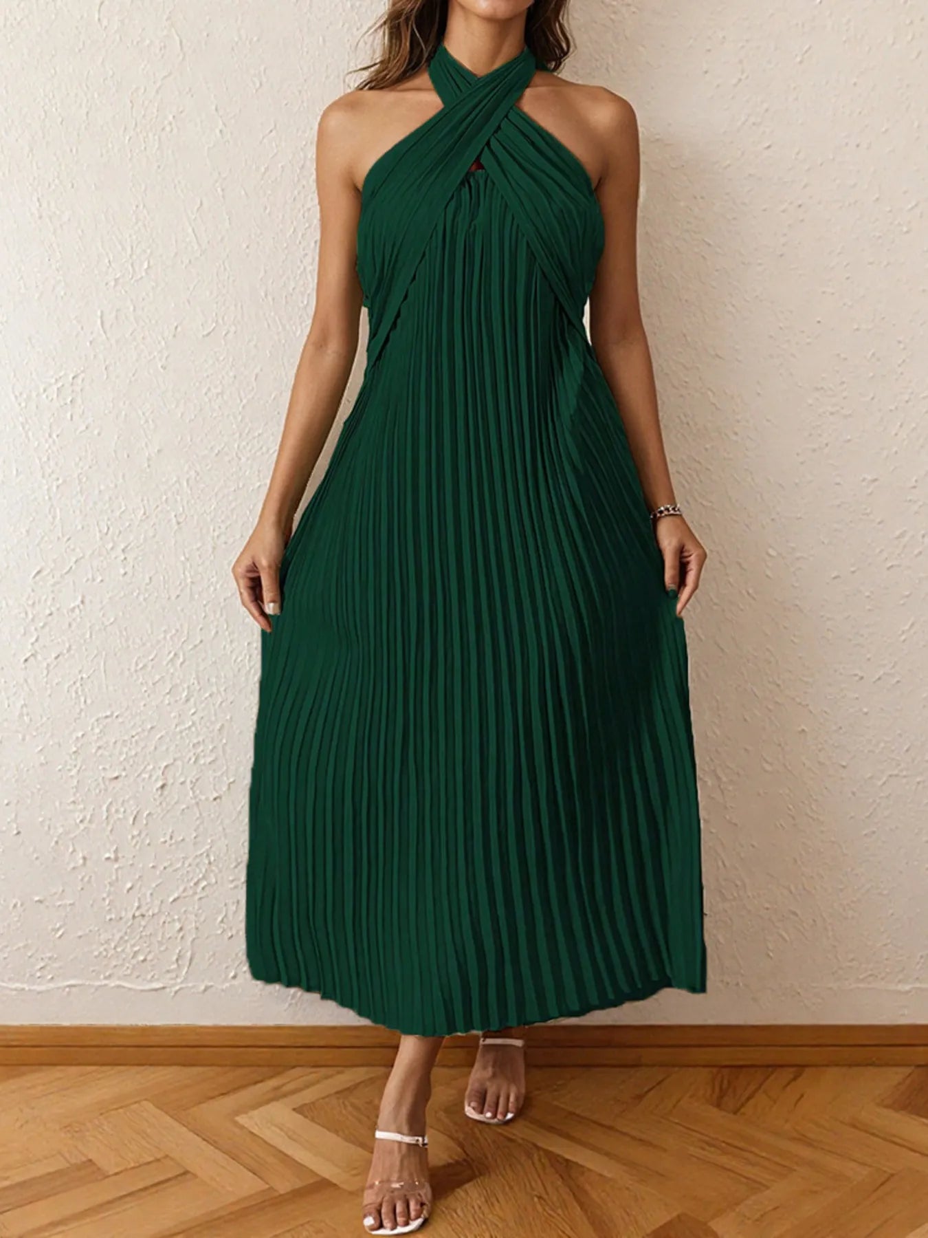Image of Pleated Halter Neck Midi Dress | Queeble.shop