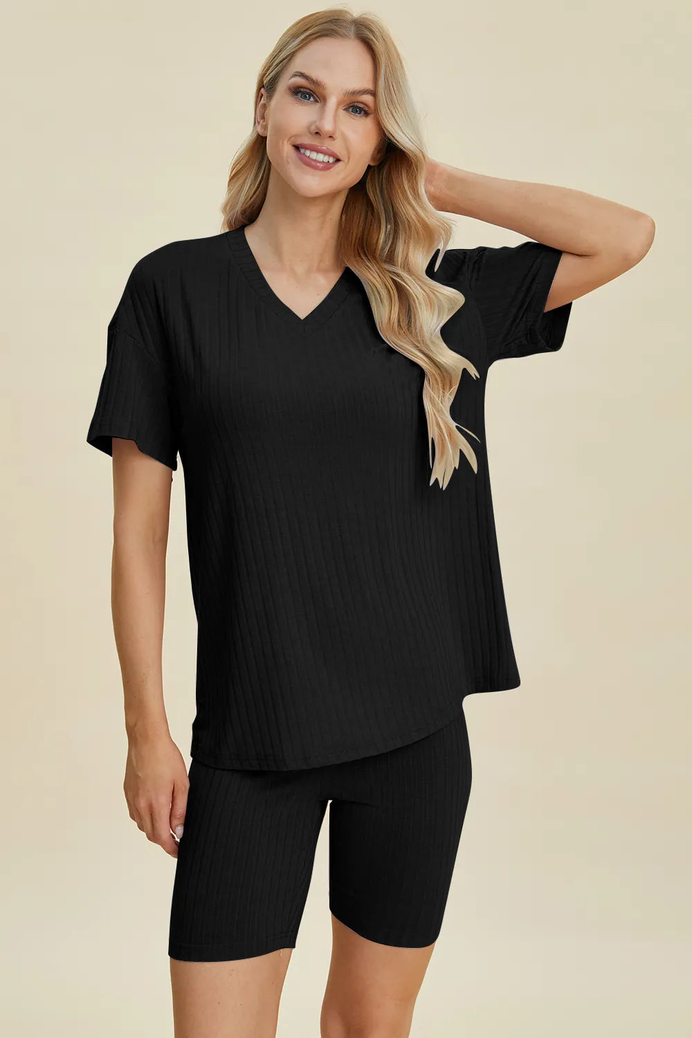 Image of Basic Bae Full Size Ribbed V-Neck Short Sleeve Top and Shorts Set | Queeble.shop
