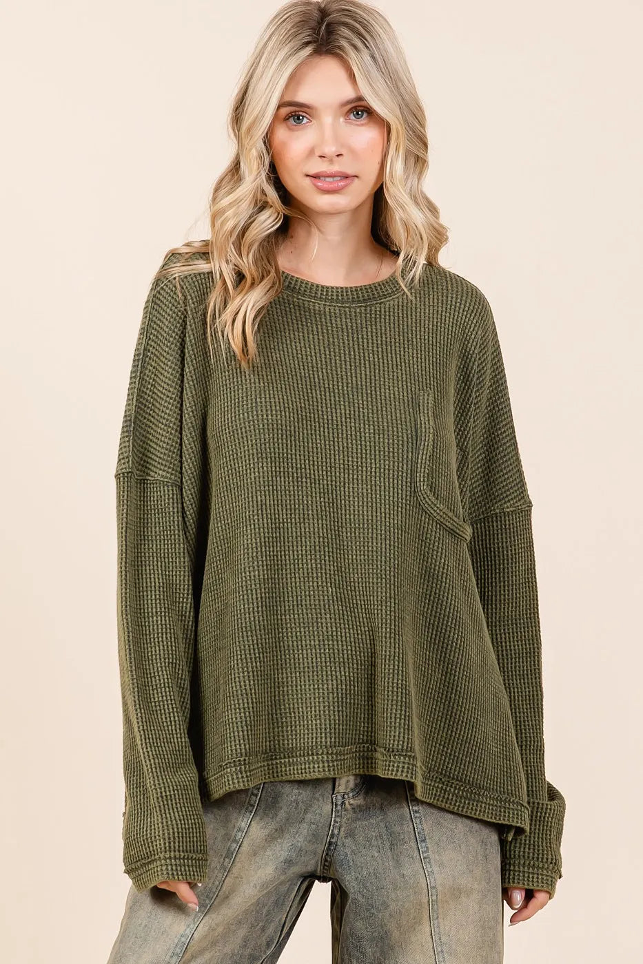 Image of Mittoshop Mineral Wash Cutout Pocket Long Sleeve Waffle Top | Queeble.shop