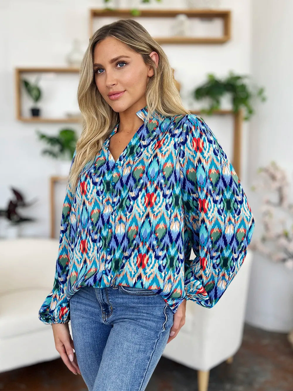 Image of Double Take Full Size Printed Balloon Sleeve Blouse | Queeble.shop