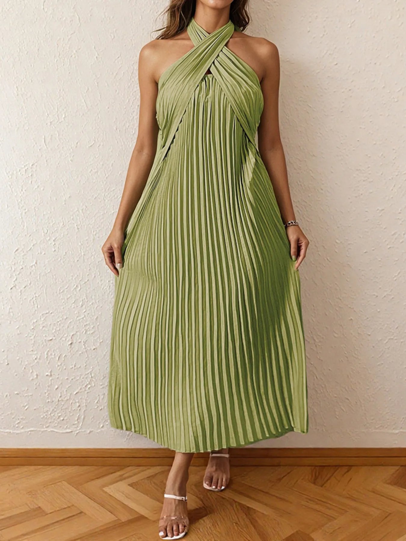 Image of Pleated Halter Neck Midi Dress | Queeble.shop
