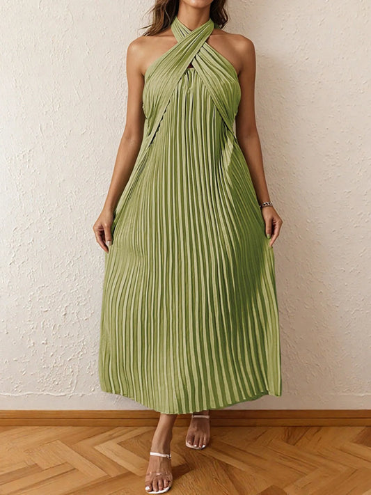 Image of Pleated Halter Neck Midi Dress | Queeble.shop