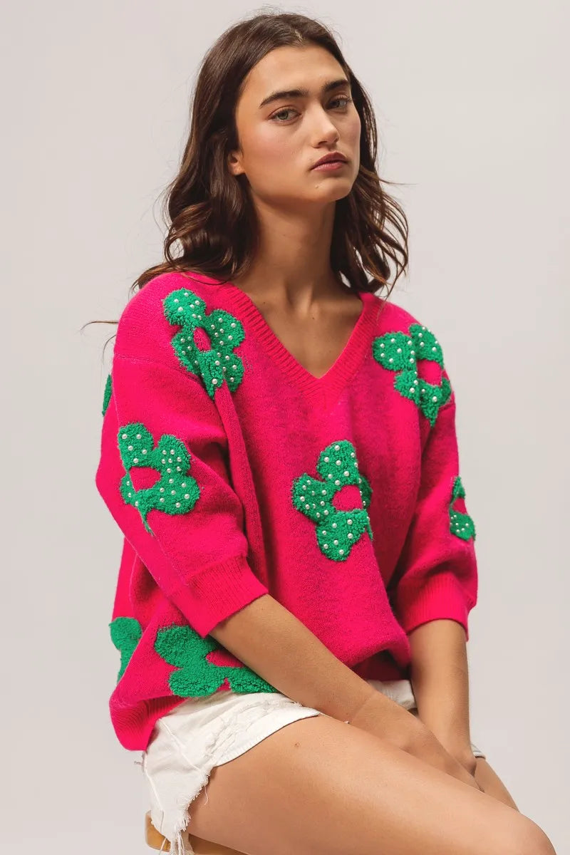 Image of BiBi Pearl Beads Flowers Sweater Top | Queeble.shop
