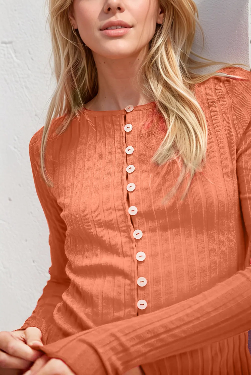 Image of Basic Bae Texture Button Up Round Neck Long Sleeve Top | Queeble.shop