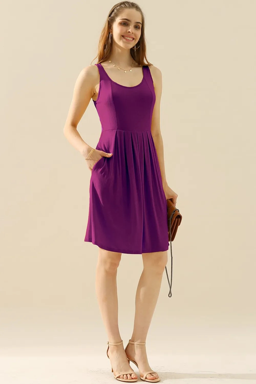 Image of Doublju Full Size Round Neck Ruched Sleeveless Dress with Pockets | Queeble.shop