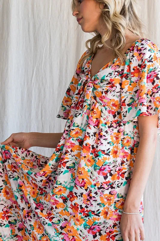 Image of Lime 'N' Chili Floral Print Sweetheart Neck Tie Front Midi Dress | Queeble.shop