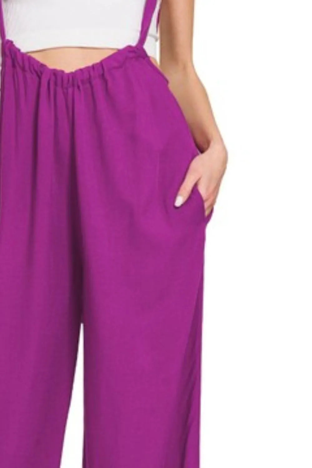 Image of Zenana Woven Tie Back Suspender Jumpsuit | Queeble.shop