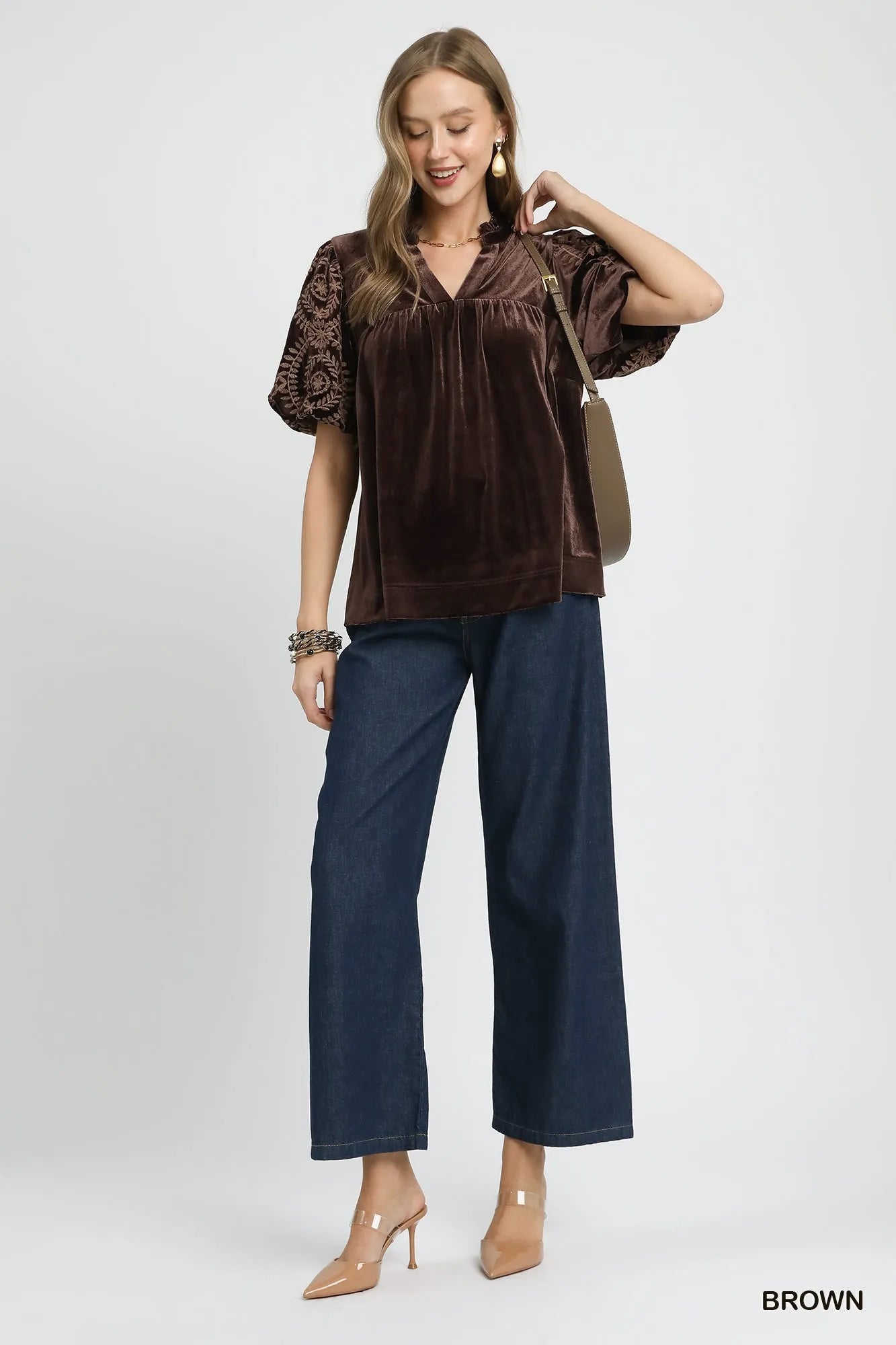 Image of Umgee Full Size Velvet Embroidered Sleeve Blouse Plus Size | Queeble.shop