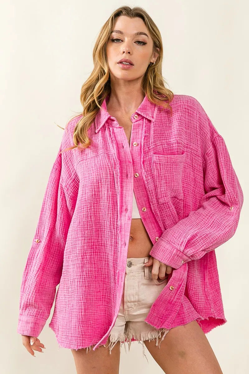 Image of BiBi Raw Edge Detailed Mineral Washed Loose Fit Shirt | Queeble.shop