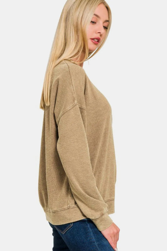 Image of Zenana Washed Round Neck Dropped Shoulder Sweatshirt | Queeble.shop