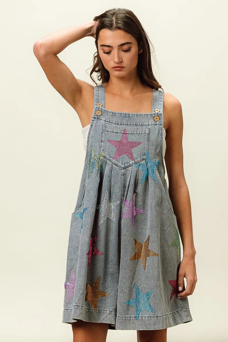 Image of BiBi Star Rhinestone Washed Wide Leg Shortalls | Queeble.shop