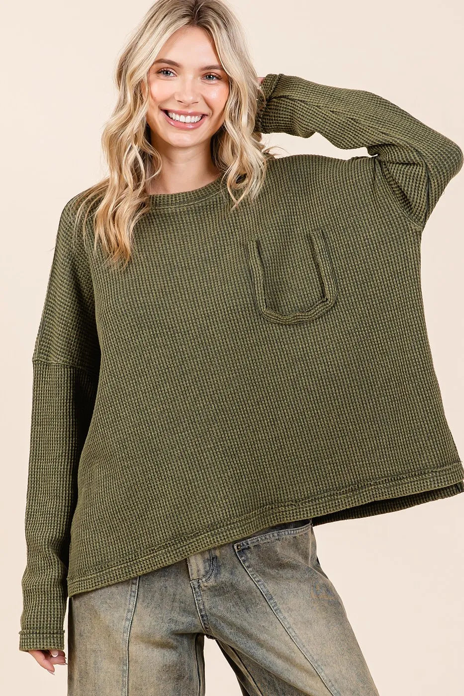 Image of Mittoshop Mineral Wash Cutout Pocket Long Sleeve Waffle Top | Queeble.shop