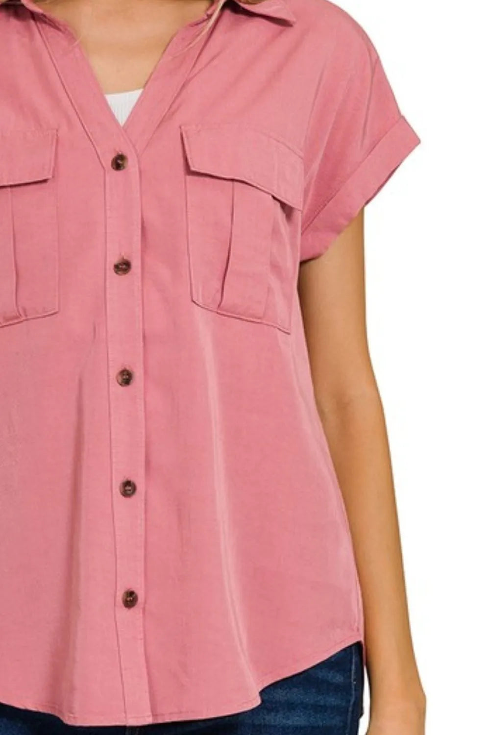 Image of Zenana Tencel V-neck Collared Top W Front Flap Pockets | Queeble.shop