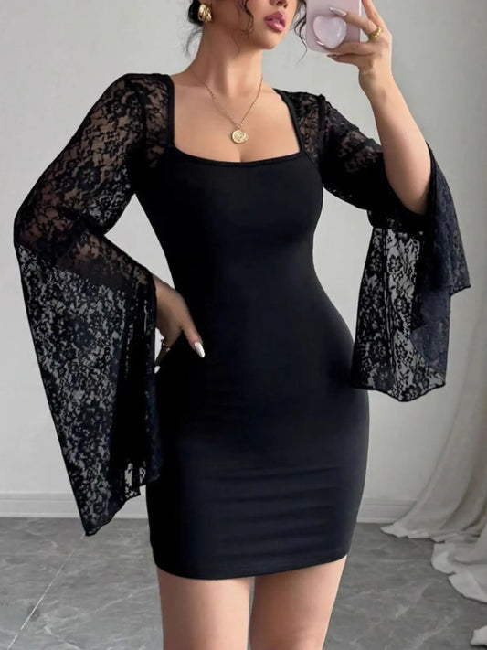 Image of Square Neck Lace Bell Sleeve Bodycon Dress | Queeble.shop