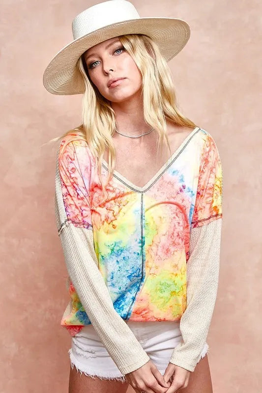 Image of BiBi Print Block V Neck Top with Contrast Stitching | Queeble.shop