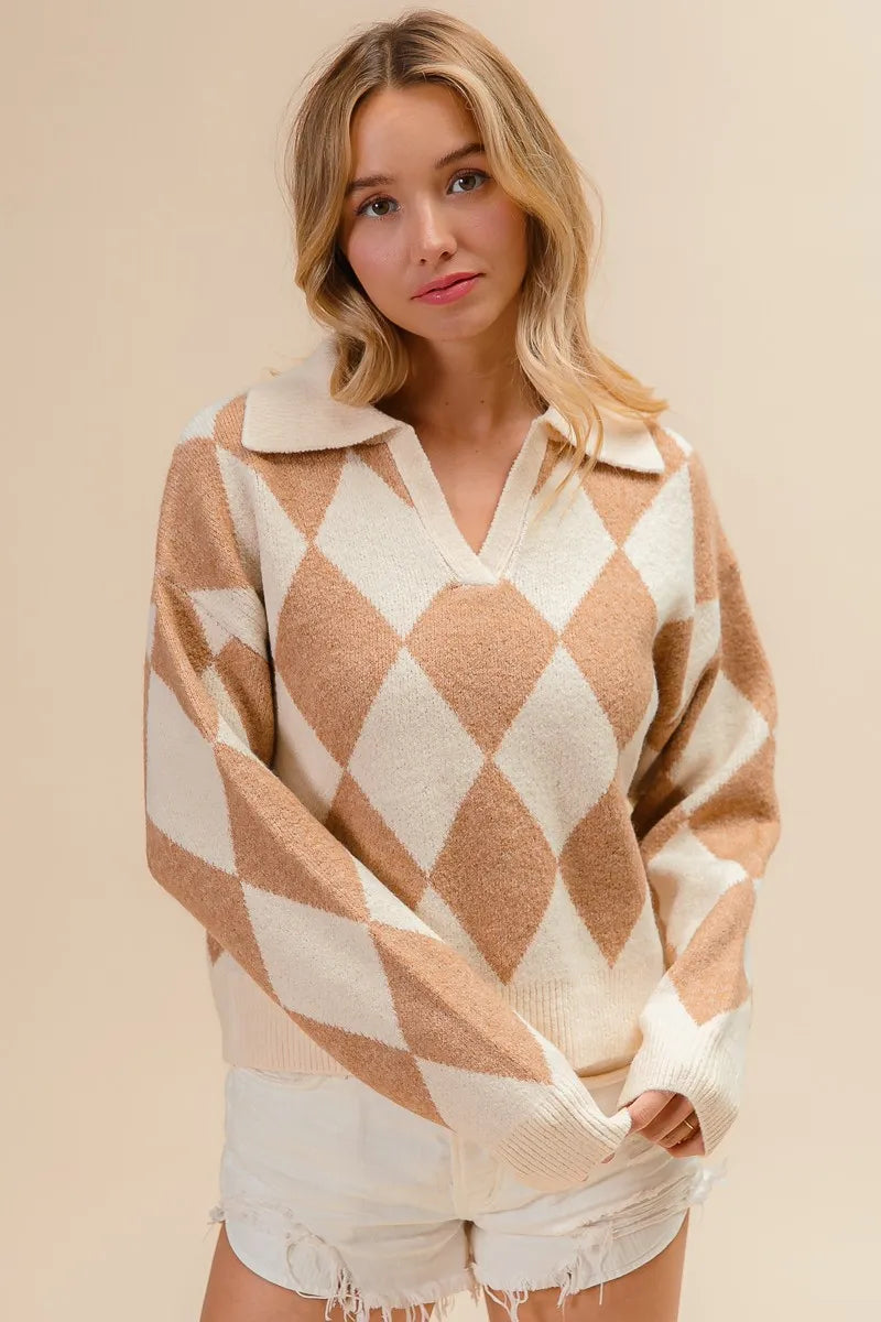 Image of BiBi Diamond Pattern Collared Notch Neck Sweater | Queeble.shop