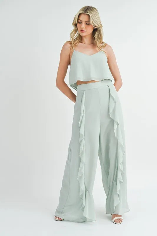 Image of MABLE Crop Cami and Ruffled Wide Leg Pants Set | Queeble.shop