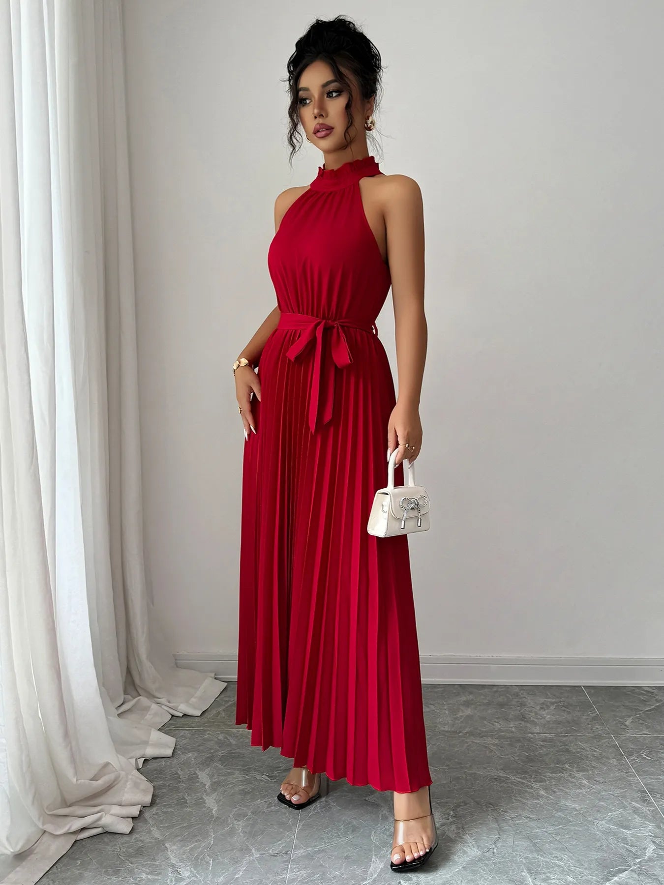 Image of Pleated Halter Neck Tie Waist Maxi Dress | Queeble.shop