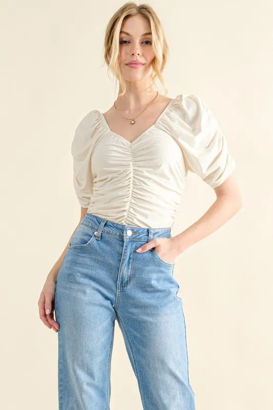 Image of And The Why Buttery Soft Ruched Detailed Jersey Bodysuit | Queeble.shop