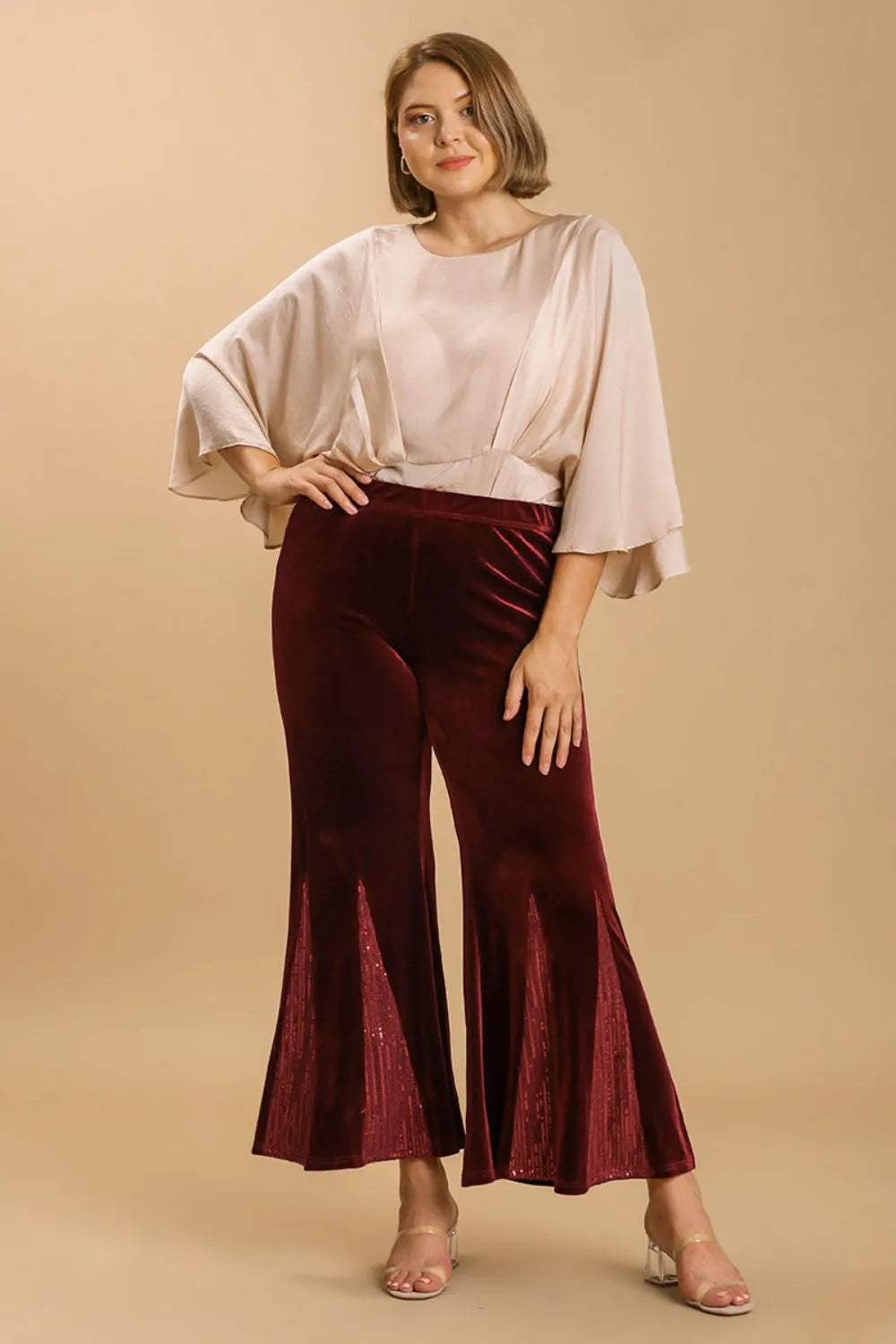 Image of Umgee Full Size Sequin Elastic Waist Velvet Stretch Flare Leg Pants Plus Size | Queeble.shop