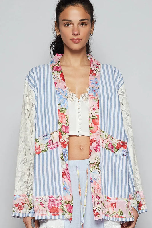 Image of POL Lace Long Sleeve Striped Cardigan with Floral Patchwork Detail | Queeble.shop