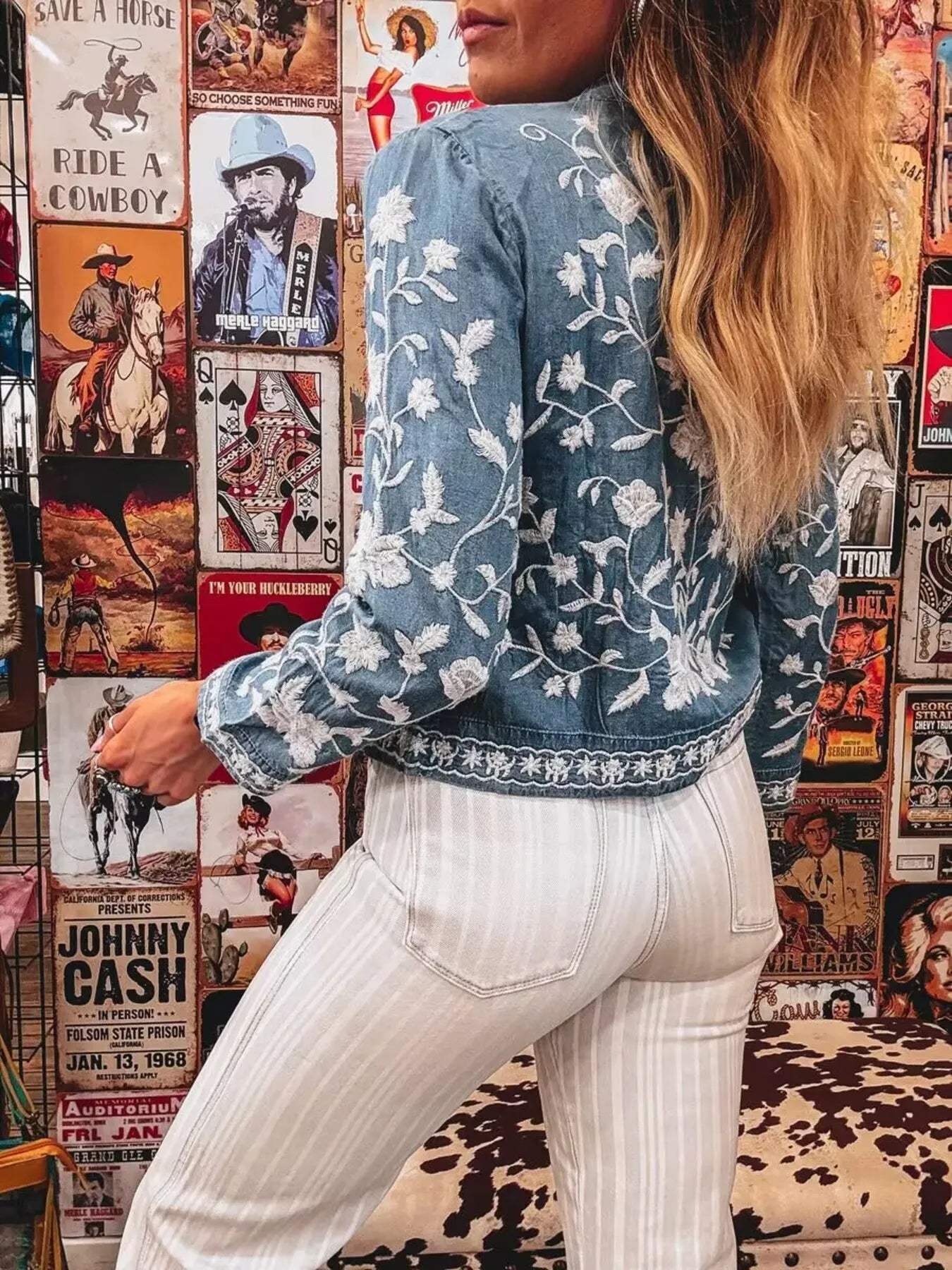 Image of Floral Embroidered Button Up Denim Shirt | Queeble.shop