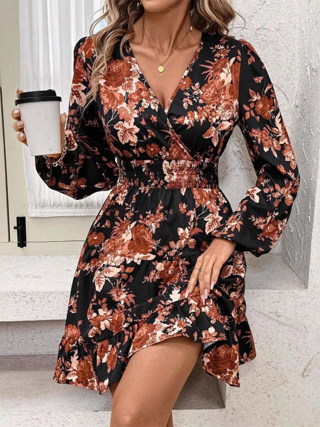 Image of Floral Print Long Sleeve Dress with Ruffle Hem | Queeble.shop