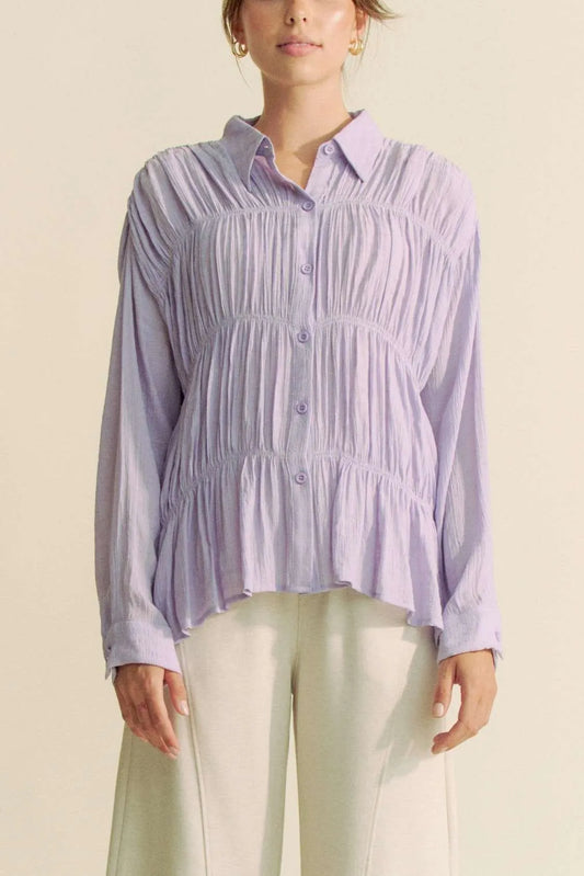 Image of Davi & Dani Ruched All Over Button Front Shirt | Queeble.shop
