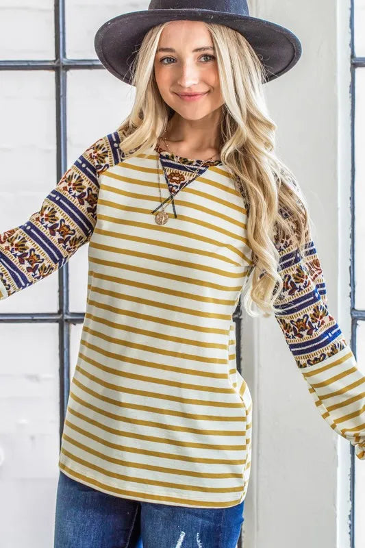 Image of And The Why Stripe Ethnic Print Raglan Top | Queeble.shop