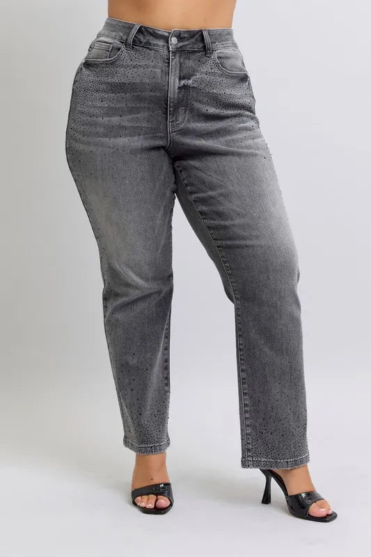 Image of Judy Blue Full Size High Waist Rhinestone Straight Jeans Plus Size | Queeble.shop