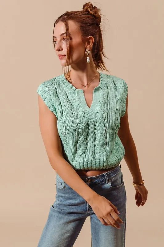 Image of SO ME Notched Neck Cable Knit Sweater Vest | Queeble.shop