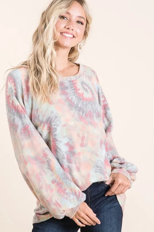 Image of BiBi Brushed Tie Dye Print Top with Puff Sleeves | Queeble.shop