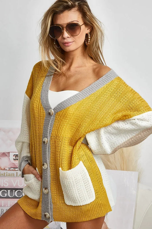 Image of BiBi Color Block Sweater Cardigan with Button Closure | Queeble.shop