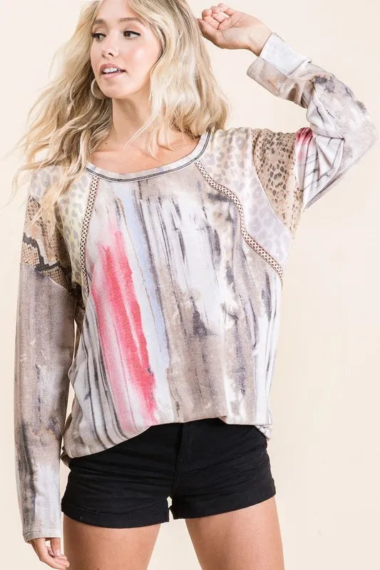 Image of BiBi Tie Dye Knit Top with Print Block Shoulder | Queeble.shop