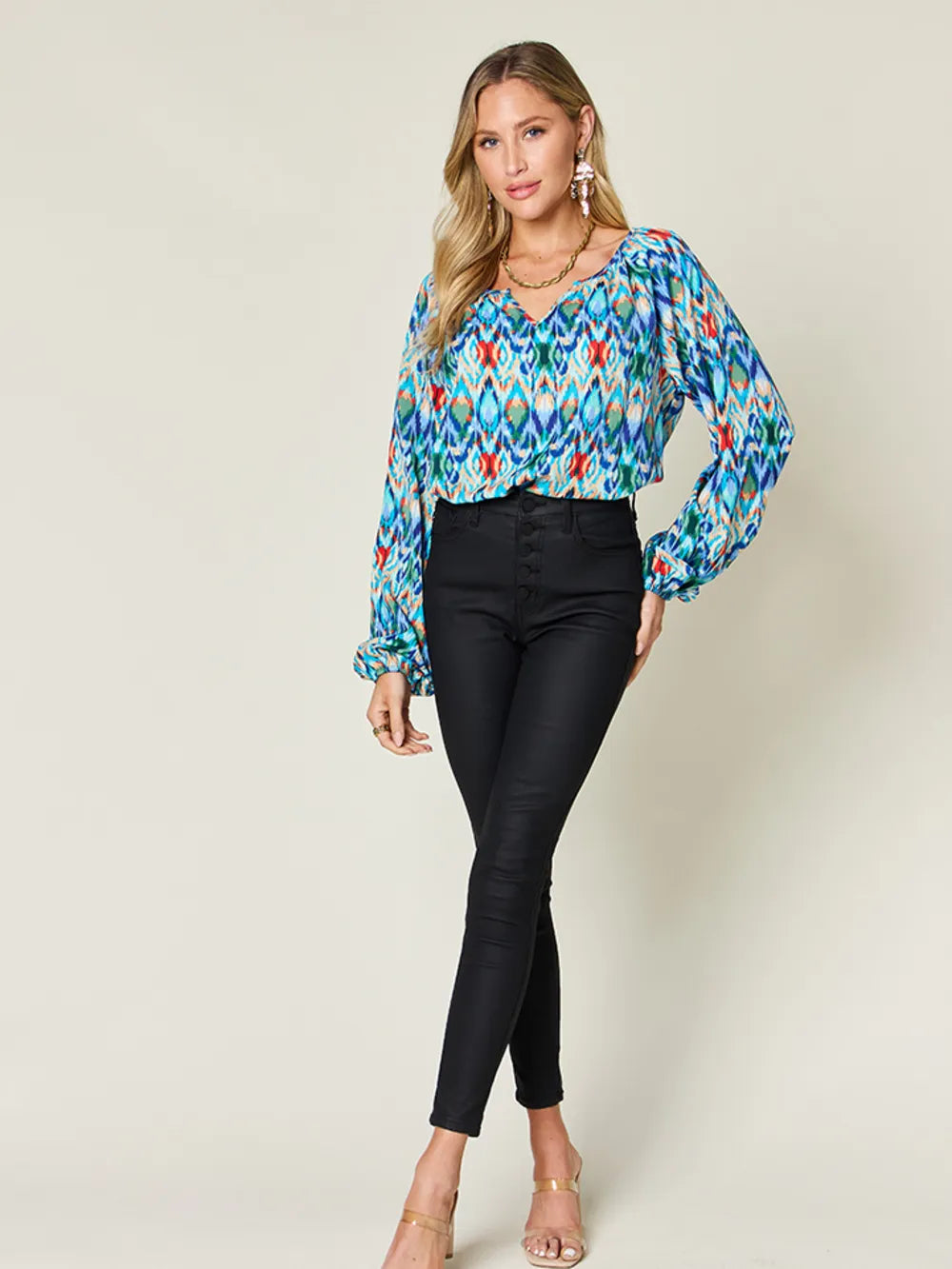 Image of Double Take Full Size Printed Balloon Sleeve Blouse | Queeble.shop