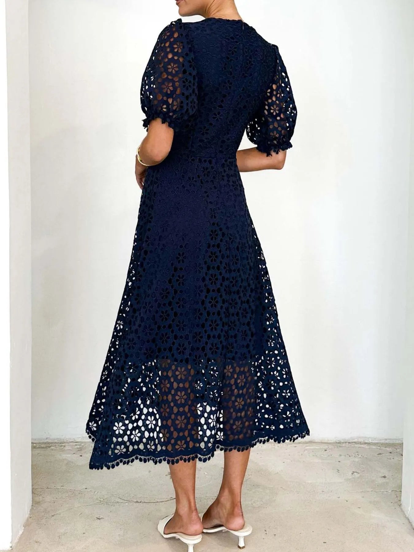 Image of Eyelet Lace V-Neck Midi Dress with Puff Sleeves | Queeble.shop