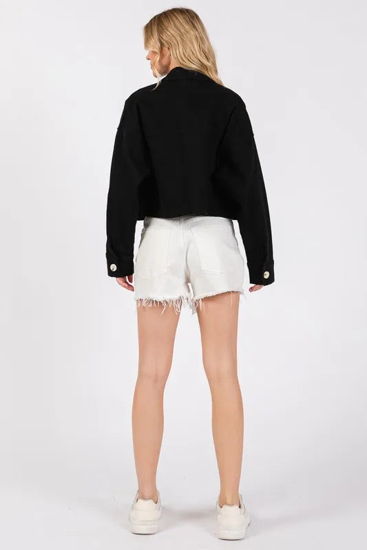 Image of bytos Button Down Cropped Denim Jacket with Patch Pockets | Queeble.shop