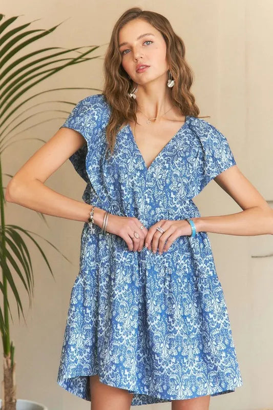 Image of ADORA Printed V-Neck Ruffle Sleeve Mini Dress | Queeble.shop