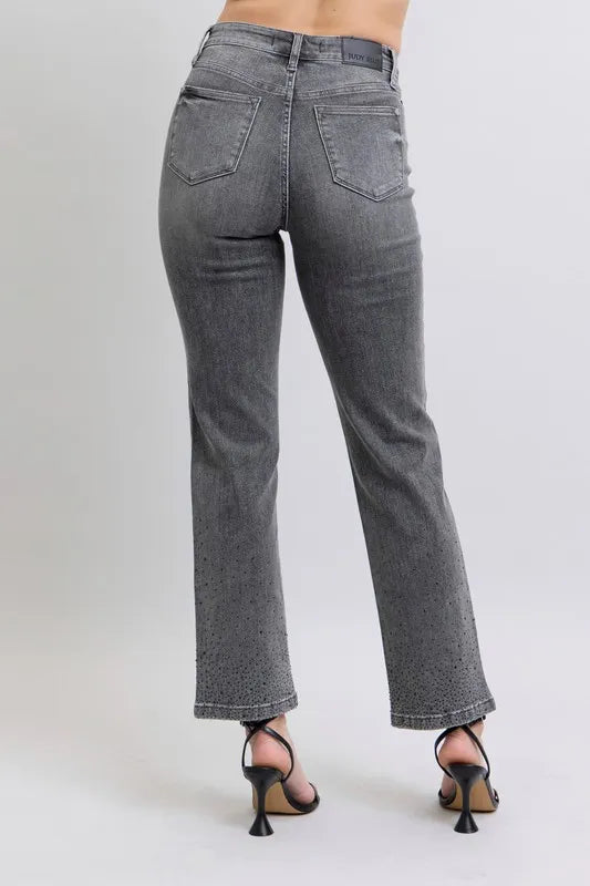 Image of Judy Blue Full Size High Waist Rhinestone Straight Jeans Plus Size | Queeble.shop