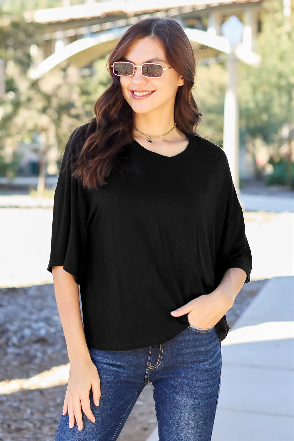 Image of Basic Bae Full Size Round Neck Drop Shoulder T-Shirt | Queeble.shop