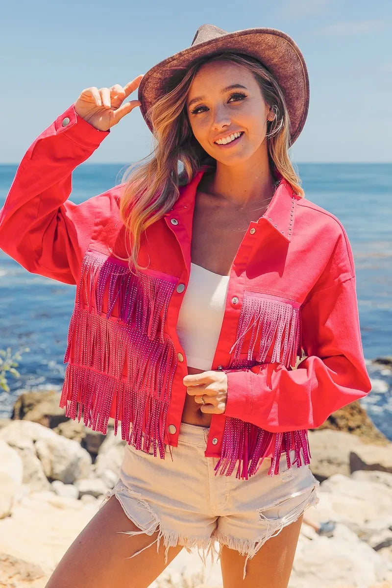 Image of BiBi Rhinestone Fringe with Studed Collar Jacket | Queeble.shop