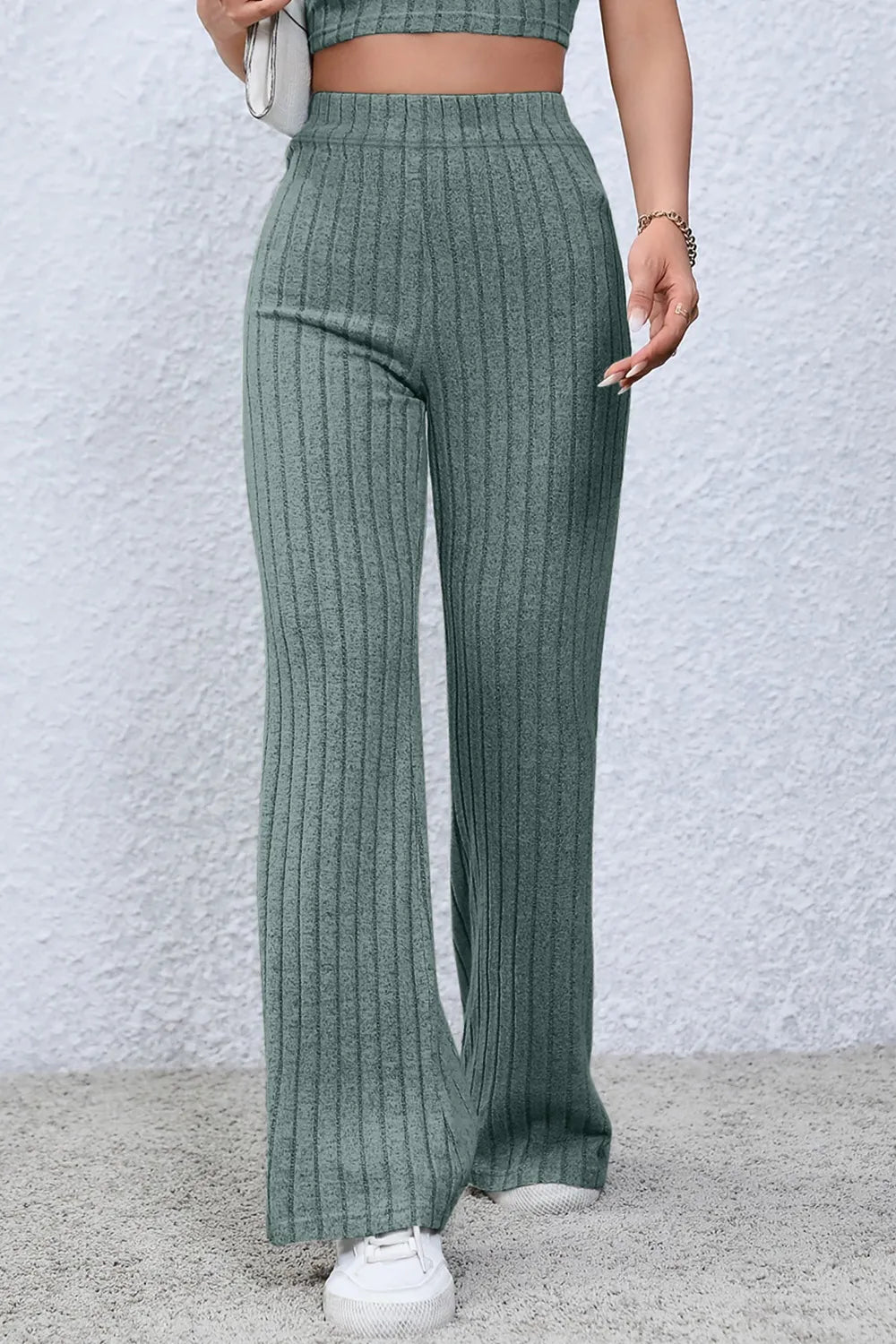 Image of Basic Bae Full Size Ribbed High Waist Flare Pants | Queeble.shop
