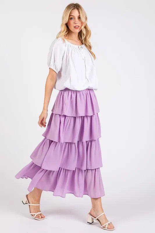 Image of Mittoshop Chiffon Ruffle Layer Elastic Waist Midi Skirt | Queeble.shop