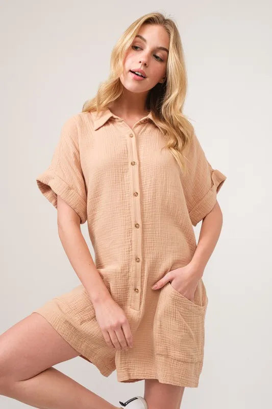 Image of And The Why Washed Gauze Roll-up Sleeve Comfort Utility Romper | Queeble.shop