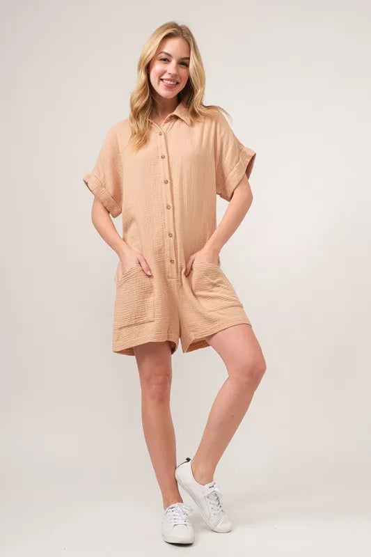 Image of And The Why Washed Gauze Roll-up Sleeve Comfort Utility Romper | Queeble.shop