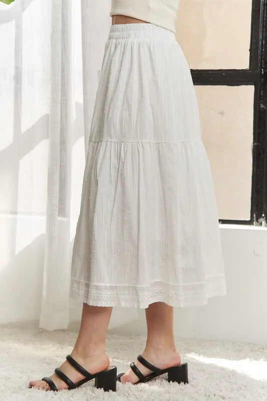 Image of ADORA Elastic Waistband Tiered Midi Skirt | Queeble.shop