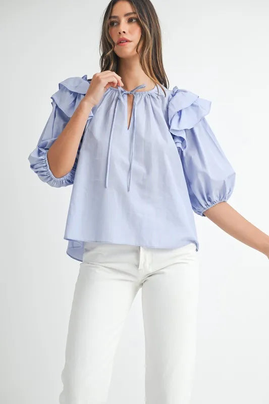 Image of MABLE Stripe Ruffle Shoulder Puff Sleeve Blouse | Queeble.shop