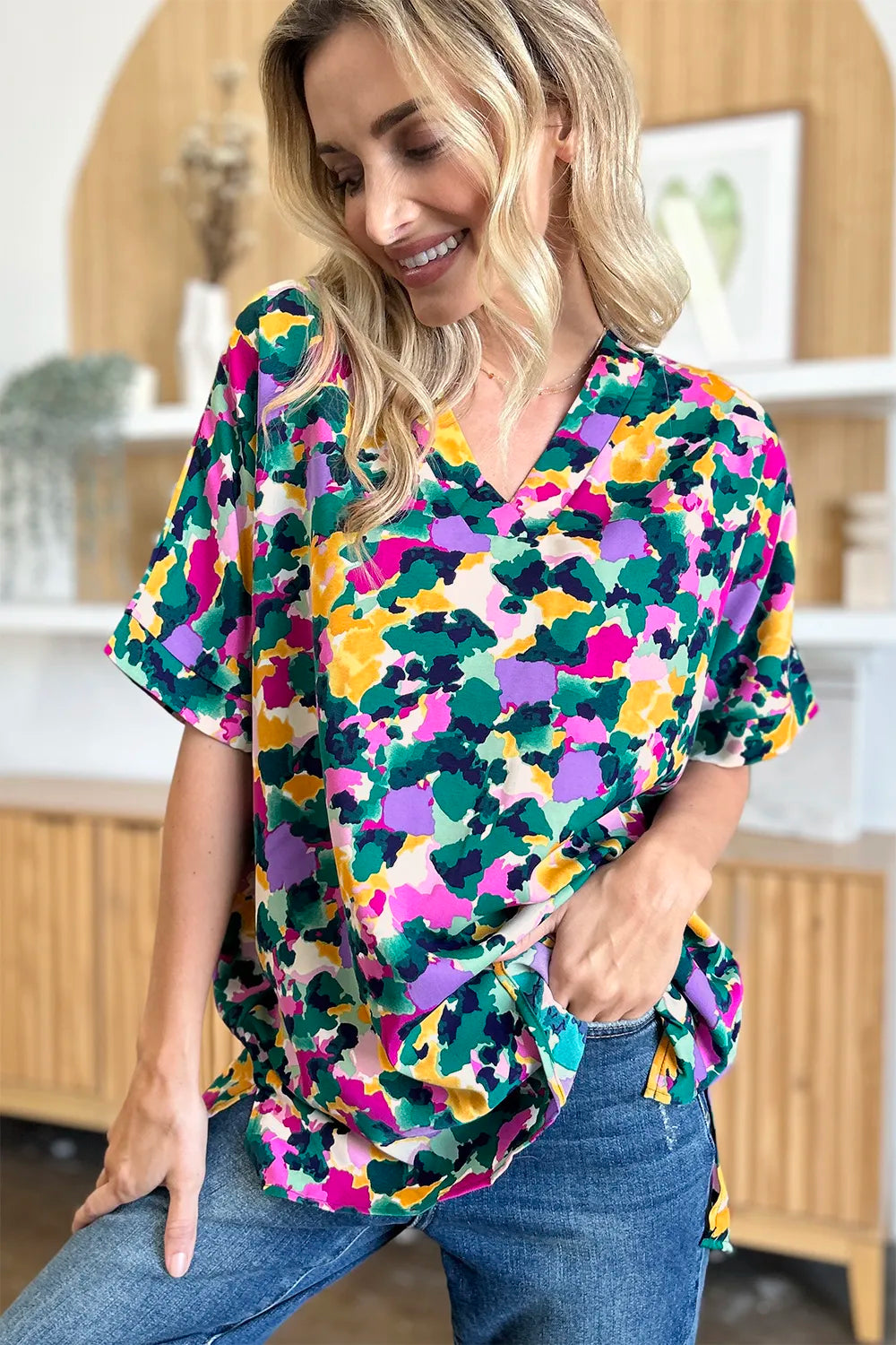 Image of Double Take Full Size Printed V-Neck Short Sleeve Side Slit Top | Queeble.shop
